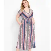 NWT Lane Bryant | Short Sleeve V-Neck Knot Mixed Print Maxi Dress