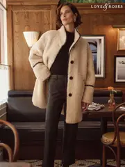 Love & Roses Cream Borg Funnel Neck Coat (AD7529) | $116