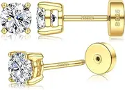 [LOLIAS] 14kt Yellow Gold Plated Moissanite Stud Earrings with Flat Back,925 Sterling Silver Moissanite Earring for Women Men,Small Round Cut D Color VVS1 Lab Created Stud Earrings Hypoallergenic Jewelry Gift