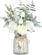 Flowers with Vase,Artificial Silk Flowers in Vase, Fake Plant Eucalyptus Flower Arrangement for Home Office Farmhouse Bathroom Dining Table Centerpiece Decorations Coffee Table Decor (Rose White)