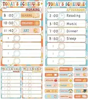 4PCS Retro Groovy Daily Schedule Charts 17×11 Boho School Class Schedule Chart Daily Schedule Classroom Posters Dry Erase Classroom Posters for Kids Behavior Learning Classroom School Home Supplies