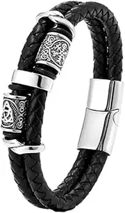 [BOSUGE] Charming Bracelet， Men's Rune Bead Leather Bracelet, Double Layer Stainless Steel Leather Braided Bracelet, Nordic Viking Compass Totem Beads Bangles Vintage Jewelry Gift (Color : Gold, Size : 19CM)