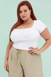 White Peasant Top Corset Gather Bust Detail Ponte Jersey