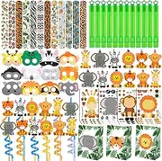 Jungle Safari Party Favors Set 84 PCS Wild Animals Theme Masks Sticker Keychains Straws Slap Bracelets Bubble Sticks Gift Bags for Kids Jungle Birthday Party Goodie Bag Fillers School Reward Prizes