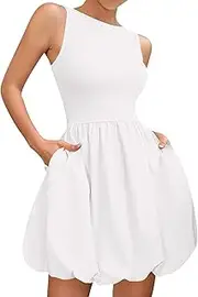 [Generic] Womens Summer Dress Casual Sleeveless Tank Mini Dresses Crew Neck Bubble Sundress with Pockets