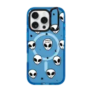 iPhone 16 Pro Impact Ring Stand Case MagSafe Compatible Cute White UFO Space Alien Drawing Pattern
