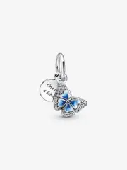 New Genuine Pandora Silver Blue Butterfly & Quote Double Dangle Charm 790757C01
