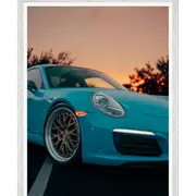 Galrie Blue Sports Car at Sunset - Modern Automotive Art Photography Print, White Frame, A2 42 x 60cm (16 x 24inch)