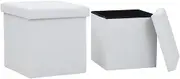 Folding Storage Ottoman Stools 2 Pcs White Faux Leather 38cm - Versatile Foot Rest and Footstool with Ample Storage Space for Living Room, Bedroom or Office