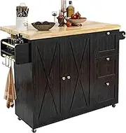 IRONCK Rolling Kitchen Island Cart with Drop-Leaf Countertop, Barn 3Drawers, Barn Door Style Cabine,Thicker Rubberwood Top, Spice Rack, on Wheels, for Kitchen and Dining Room, Black