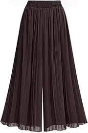 [OULIWANGLUO] Women's Chiffon Pleated Beach Skirt Pants High Elastic Wide Leg A Line Palazzo Trousers Baggy Elastic Waist Pant
