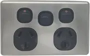 Slim Double Power Point Black S.Steel Cover Slimline GPO Switch Outlet Socket