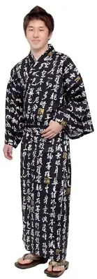 Men's Yukata Robe Japanese Summer Kimono - "HANNYA" Sutra Black
