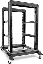 Global Rack 15U 4 Post Open Frame Server Rack, Black, Suitable for 19" Server Equipment, Cold Rolled Steel, Heavy Duty Rack with Wheels, 24" Deep, 900LB Capacity