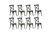Oikiture 8PCS Crossback Dining Chair Solid Birch Timber Wood Ratan Seat Black