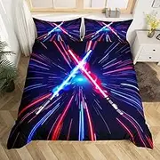Lightsaber Duvet Cover Set Twin Size,Geometric Lines Gradient Bedding Set 2pcs for Kids Teens Boys Room Decor, Future Technology Metaverse Comforter Cover Red Blue Quilt Cover with 1 Pillowcase
