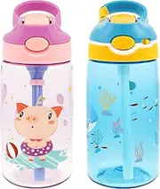 2 Pcs Kids Water Bottle - BPA-Free Reusable Plastic Toddler Tumbler with Silicone Nozzle, Buckle Handle & Leak-Proof Design for School & Travel