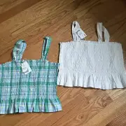 Free Assembly Womens Smocked Tank Tops Size XL -Snow White & Skyway Plaid Cotton