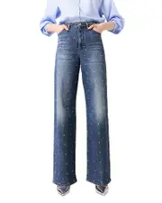 Maje Studded Wide Leg Jeans in Blue