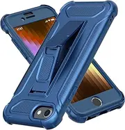 ORETECH Compatible with iPhone SE 2022 Case, iPhone SE 2020 Case, with[2 x Tempered Glass Screen Protectors] [Built-in Kickstand] Shockproof iPhone 8 7 Case 360 Full Body Protective Cover- Blue