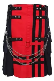 Men's Red & Navy Deluxe Utility Fashion Kilt with Chain 100% Cotton Hybrid Kilt