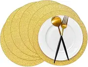 Datyiiha 50 Pieces Gold Glitter Paper Place Mats Sparkle 14'' Round Disposable Table Mats Golden Sequin Doilies Decorative Placemats for Wedding Banquet Party Home Dining Tableware