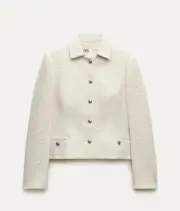 $129 New Zara Sz S L Structured Fitted Cream Jacket with Silver Sequin Appliques