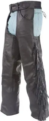 MEN'S MOTORCYCLE REMOVABLE LINER PANT BLK BRAIDED WITH FRNIGES LEATHER CHAP
