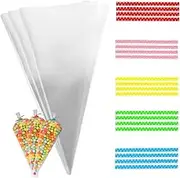100pcs Sweet Cone Bags 25x13cm with 100pcs Coloured Dot Twist Ties, Clear Cellophane Bags for Baking, Candy, Cookie, Displaying, Wrapping (25x13cm)
