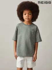 Reiss Sage/White Paudie 9-13 yrs Cotton-Blend Stripe T-Shirt (F78928) | $45