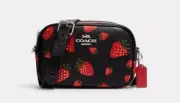 NWT Coach Jamie Camera Bag Wild Strawberry Print In Leather Black/Red CH332