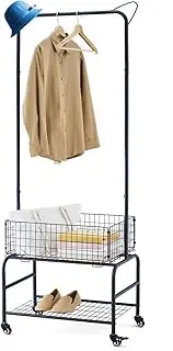 OYE Metal Laundry Sorter with Clothes Rack, Rolling Laundry Cart with Storage Basket and Hanging Bar, 3-in-1 Laundry Hamper for Bedroom Laundry Room (Black)