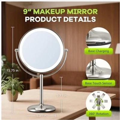 Recharable Tabletop Double Sided Lighted 10X’s Mag Vanity Mirror NEW In Box