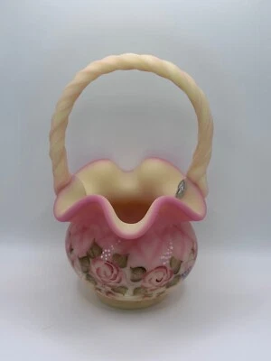 Fenton Burmese Lattice Roses 7.5" Basket Hand Painted & Signed