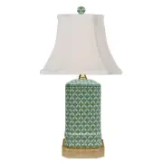 Petite Green & White Fishnet Porcelain Table Lamp With Gold Base 15.5"H