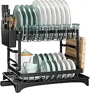 IGGDOQI Dish Drying Rack for Kitchen Counter, 2 Tier Rustproof Dish Rack for Kitchen Countertop with Draining Board, Cutting Board Holder, Cup Holder, Cutlery Rack, Large Capacity (Black)