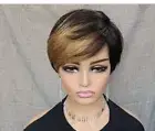 Short Human Hair Remy Ombre BrownVirgin Hair Wig W/Bangs-pixie Cut- Straight Bob