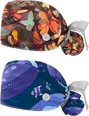 [YTYVAGT] 2-Pc,Nurse Scrub Caps,Scrub Hats with Buttons and Cotton Sweatband,Vintage Butterfly Colorful