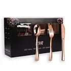 N9R 300PCS Rose Gold Plastic Silverware Heavy Duty Plastic Cutlery Set Dispos...