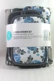 Martha Stewart 5 Piece Kitchen Set 2 Oven Mitts 2 Pot Holders 1 Apron Blue