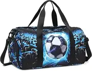 Kids Duffle Bag for Boys Water Resistant Small Gym Bag Overnight Weekender Travel Tote with Shoe Compartment and Wet Pocket, Blue-passion football