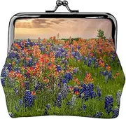 [JEJEA] Texas Bluebonnets Scenery Print Coin Purse, Portable Fiber Leather Coin Purse Mini Change Purses for Women, Black, One Size, Coin Pouch