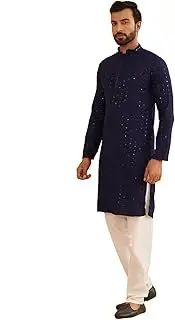 [Sojanya] (Since 1958 Men'S Sequinned Embroidered Cotton Kurta And White Pyjama Set
