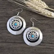 Navajo Handmade Shiny Sterling Silver Turquoise Large Round Concho Drop Earrings