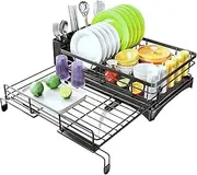 HYSHLC Expandable Dish Drying Rack, Dish Drainer with Cutlery Holder Drain Tray, Space-Saving Large Capacity Plate Rack for Kitchen Counter