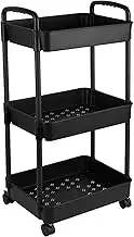 3 Tier Rolling Cart with Wheels, Detachable Utility Storage Cart with Handle and Lockable Casters, Storage Basket Organizer Shelves, Easy Assemble (Black)