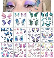 12 Sheets Glitter Butterfly Temporary Tattoos for Women Girls Butterfly Face Tattoos for Women Eye Sticker Fairy Makeup Kids Tattoos Temporary For Girls Fairy Princess Party Favors