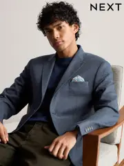 Navy Blue Regular Fit Linen Blend Blazer (697949) | $144