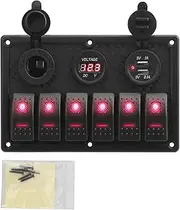 4.2A Dual USB Slot Socket 6 Gang Rocker Switch Panel Digital Voltage Display ，Compatible for Marine Boat Car Rv Vehicles Truck Yacht(RED)