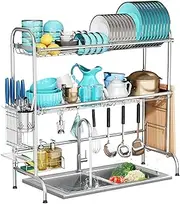 SanDream Over The Sink Dish Drying Rack, 2 Tier Over Sink Dish Rack, Stainless Steel Sink Drying Rack with Utensil Holder, Large Capacity Dish Drainer for Kitchen Counter, Silver (fit Sink≤ 81cm/32)